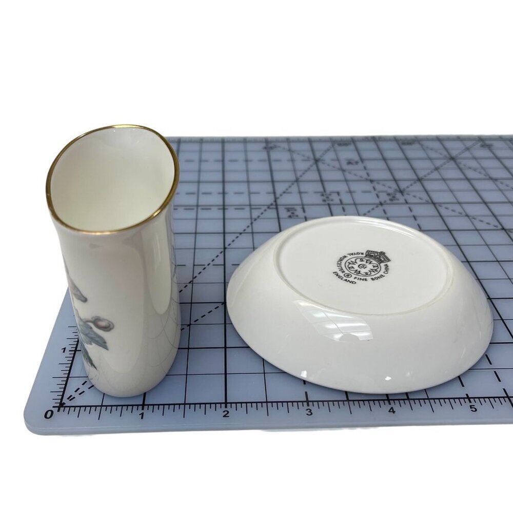 Royal Worcester Bone China Floral Toothpick Holder Vase & Trinket Dish Gold Trim - Picture 7 of 7